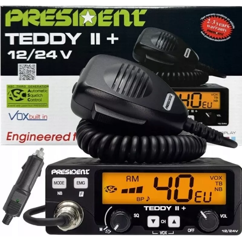 CB radio President Teddy II+ — 40 kanałów, 4W TX, 12/24V, bloker szumów, 125×125×45 mm