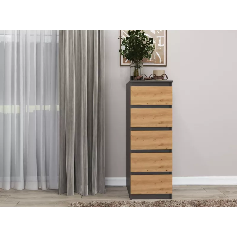 Komoda Top e Shop W5 ANT/ART, 5 szuflad, antracyt/dąb, płyta wiórowa