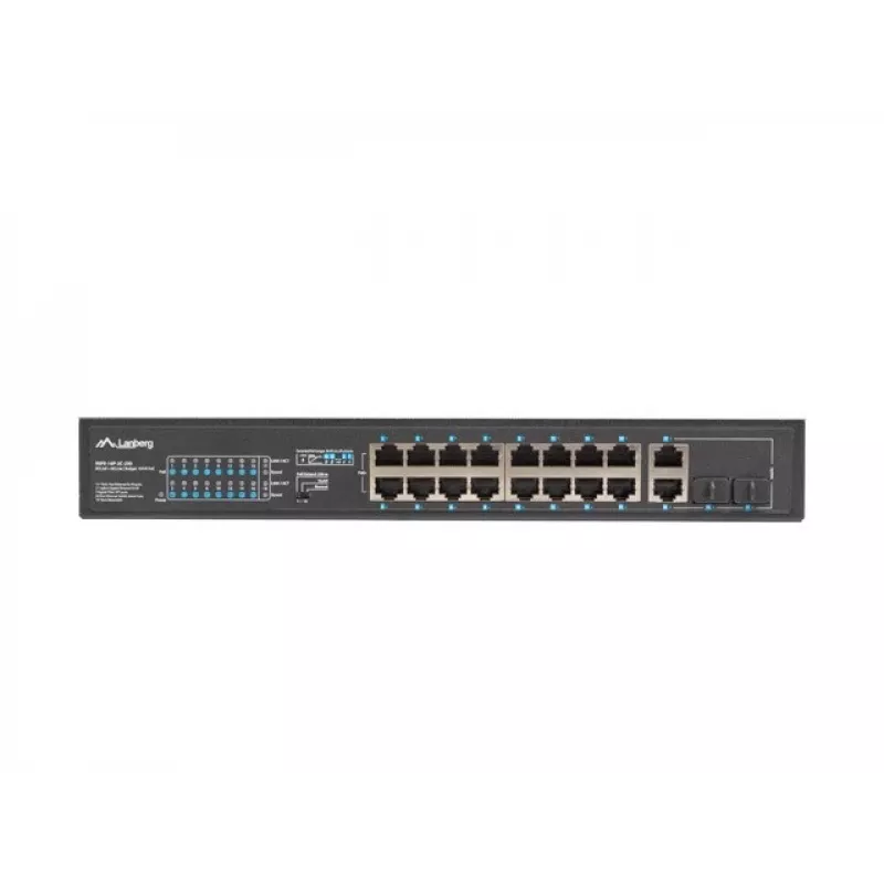 Niezarządzalny przełącznik LANBERG RSFE-16P-2C-250 — 18-portowy Gigabit, 16x PoE+ (30W), 2x SFP, 250W, 1U, metal, montaż w szafie