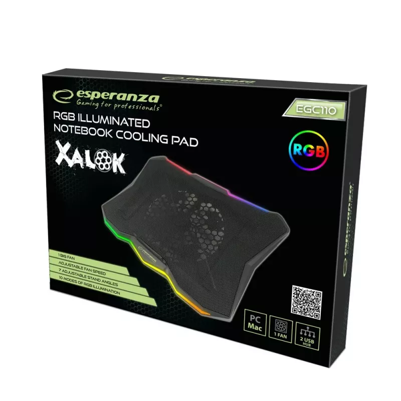 Laptop cooling pad ESPERANZA EGC110 for 17 inch (43.2 cm), 1 fan 18 cm, 800 RPM, 63 CFM, USB 2.0, Czarny