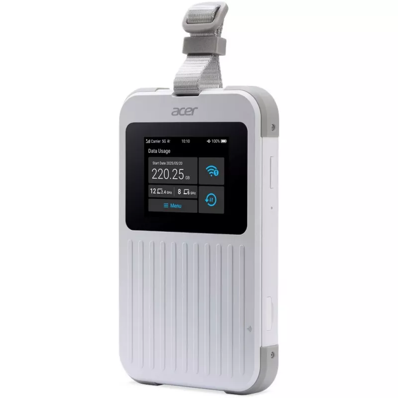 Przenośny router Acer Connect M6E z 20 GB, dwuzakresowy (2,4 GHz + 5 GHz lub 2,4 GHz + 6 GHz), Wi‑Fi 6E, 5G, IP68, wewnętrzne anteny 2x2, 4 GB RAM, procesor 2,5 GHz
