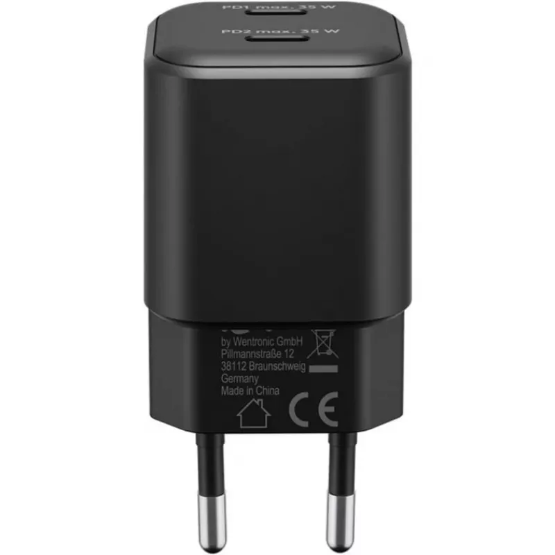 Ładowarka ścienna GOOBAY 75333 — uniwersalna wewnętrzna ładowarka AC USB-C, 2x USB-C, 35 W, czarna