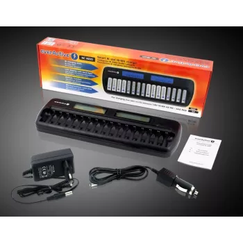 Ładowarka do akumulatorów everActive NC-1600 — uniwersalna ładowarka DC dla Li-Ion, obsługuje 16 ogniw, kompatybilne rozmiary AA/AAA/C, czarna, AC 100–240V 50–60Hz
