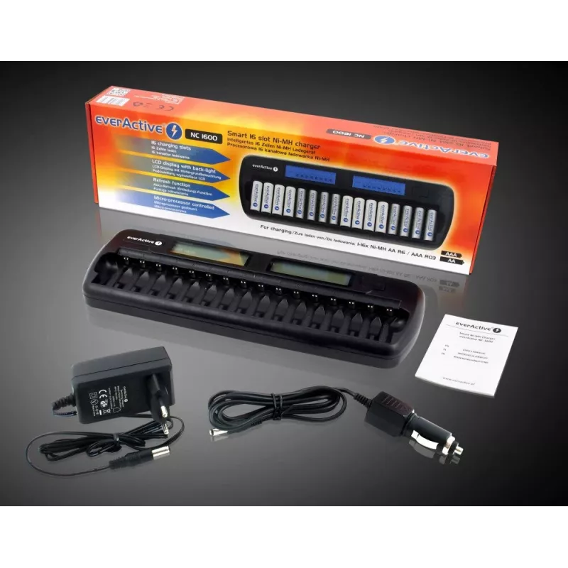 Ładowarka do akumulatorów everActive NC-1600 — uniwersalna ładowarka DC dla Li-Ion, obsługuje 16 ogniw, kompatybilne rozmiary AA/AAA/C, czarna, AC 100–240V 50–60Hz