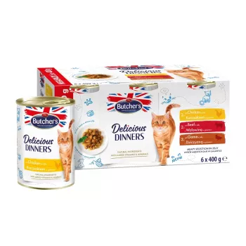Mokra karma dla kota Butcher's Delicious Dinners Meaty selection w galarecie 6×400 g — dla dorosłych, bezzbożowa, kurczak, 82% wilgotności