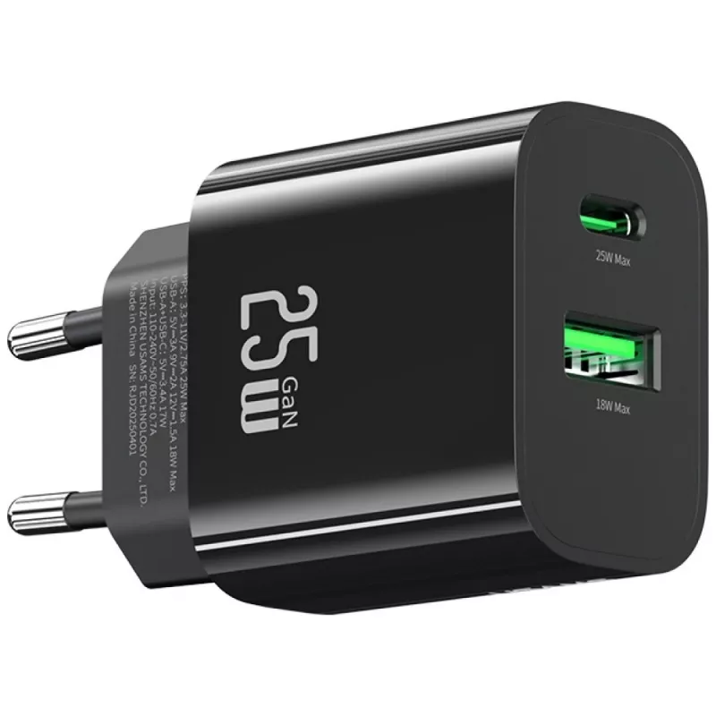 Ładowarka USB usams USA001629 25W 1×USB-C + 1×USB-A szybkie ładowanie
