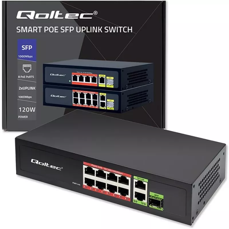 Przełącznik Ethernet QOLTEC 52297 PoE RJ45 z łączem uplink PoE i portem SFP
