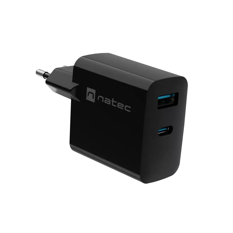 Przewodowa ładowarka do urządzeń mobilnych NATEC NUC-2145, 65 W, USB-C PD 3.0 + QC 3.0, 1x USB-C, 1x USB-A, 110–240 V, czarna