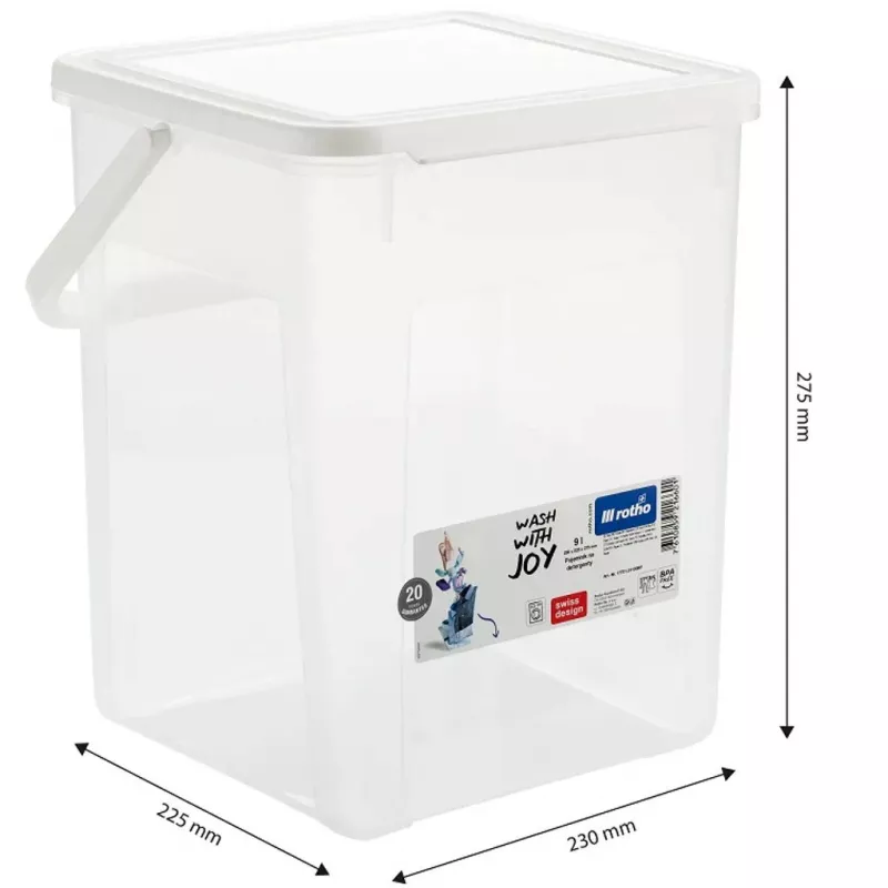 Plastikowy pojemnik na detergenty Rotho Basic 9 L model 1770101100RP, biały, pokrywka, otwór do zawieszania