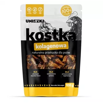 Przysmak do żucia dla psa UNISZKI kostka kolagenowa 100 g — jednoskładnikowy kurczak, wsparcie stawów, przekąska treningowa