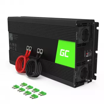 Przetwornica samochodowa zielony Cell INV22 — 1500 W, 12 V DC na 230 V AC, 50 Hz, LED, aktywne chłodzenie, czarna