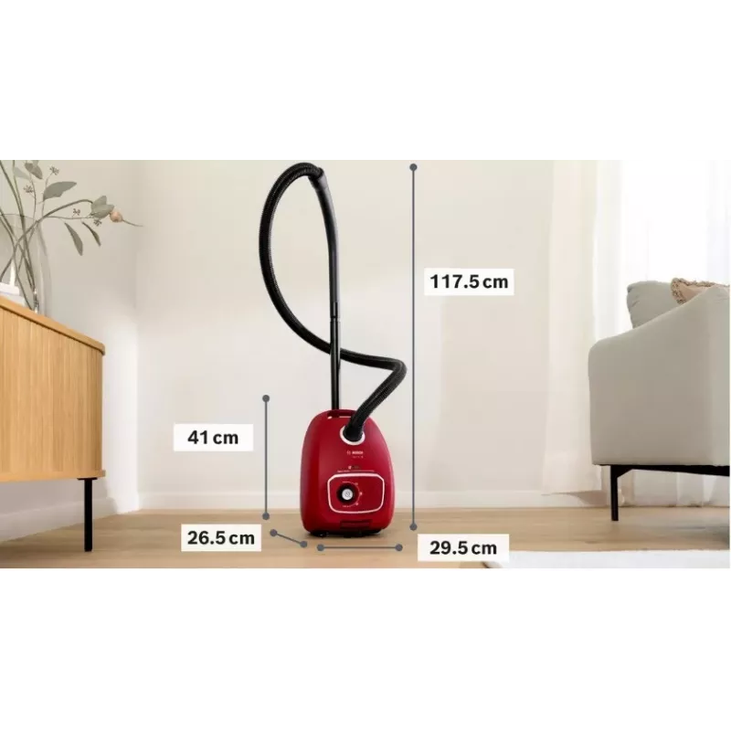 Odkurzacz Bosch BGB 41RD3H — 600 W, worek na kurz 4 l, filtr HEPA, promień działania 11 m, rura teleskopowa, czerwony