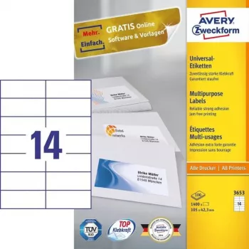 Avery 3653 etykieta samoprzylepna Prostokątna Trwała Biała 1400 szt.