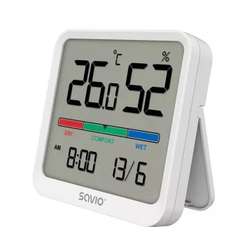 Wewnętrzny czujnik temperatury i wilgotności SAVIO CT-01/W, wyświetlacz LCD, -10–55°C, 10–99%RH, bateria CR2032