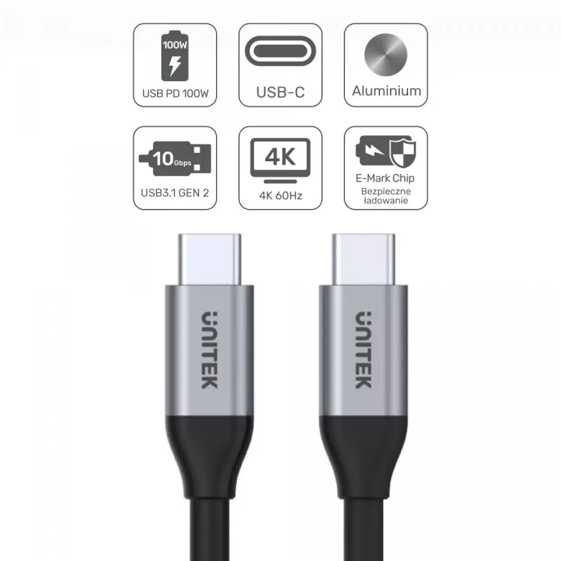 Kabel USB-C do USB-C do transmisji danych i ładowania Unitek C14082ABK 1 m, USB 3.2 Gen 2 (10 Gbit/s), 100 W PD, czarny