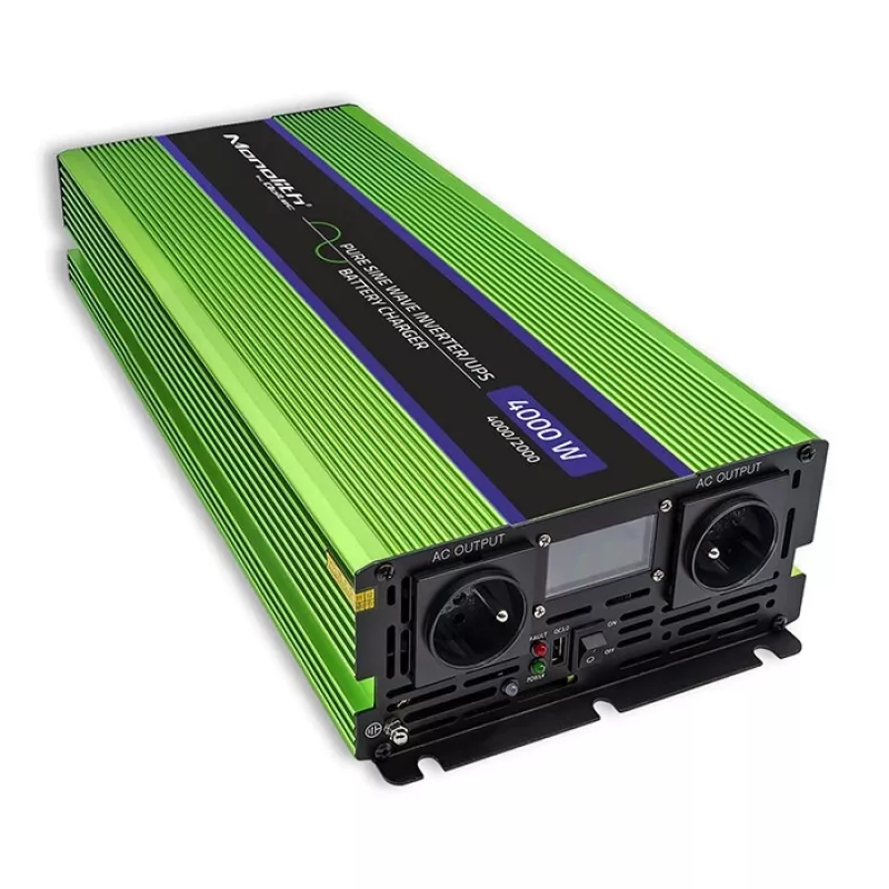 Qoltec Monolith Przetwornica napięcia | Ładowanie akumulatora | UPS | 2000W | 4000W | 12V na 230V | Czysty sinus | LCD czarno-zielony