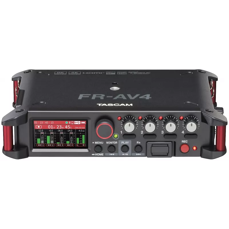 Przenośny rejestrator audio Tascam FR-AV4 — 6-kanałowy, 4 wejścia combo XLR + 2x 3,5 mm, 24/32-bit, 48/96/192 kHz, MicroSD do 512 GB, USB-C, PD