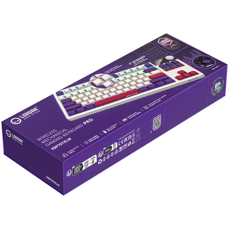 LORGAR KBP70TKLW, Bezprzewodowa mechaniczna klawiatura gamingowa TKL Pro, biała, układ EN