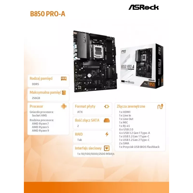 ASRock B850 Pro-A AM5 ATX Płyta Główna