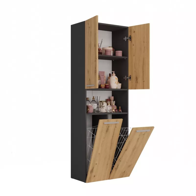 Szafka łazienkowa Top e Shop NEL 2K DK ANT/ART KP — grafit/dąb, wolnostojąca, 600×300×1740 mm, 3 półki