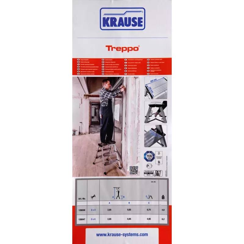 Stopień schodkowy Krause 126030 — aluminiowy, 3-stopniowy, maks. wysokość 65 cm, 6,1 kg, szerokość 500 mm