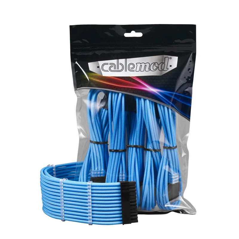Zestaw przedłużaczy kablowych CableMod PRO ModMesh 12VHPWR — jasnoniebieski, 3-częściowe przedłużenia GPU 12+4 pin