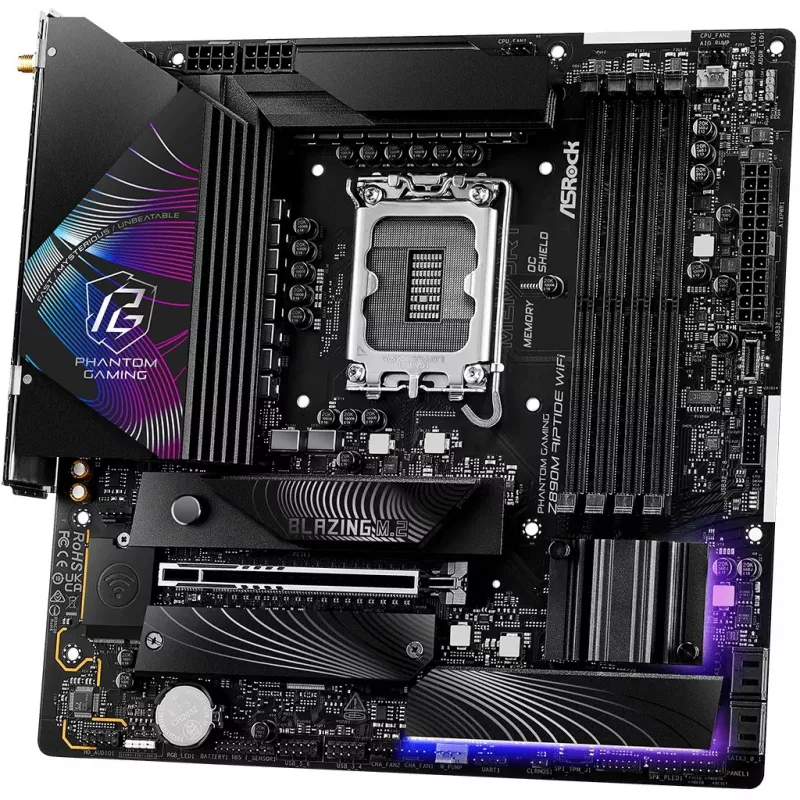 Płyta główna ASRock Phantom Gaming Z890M Riptide WiFi — Intel Z890, LGA1851, microATX, DDR5, 4x DIMM, 256GB, Wi‑Fi 6E, LAN 2.5Gb