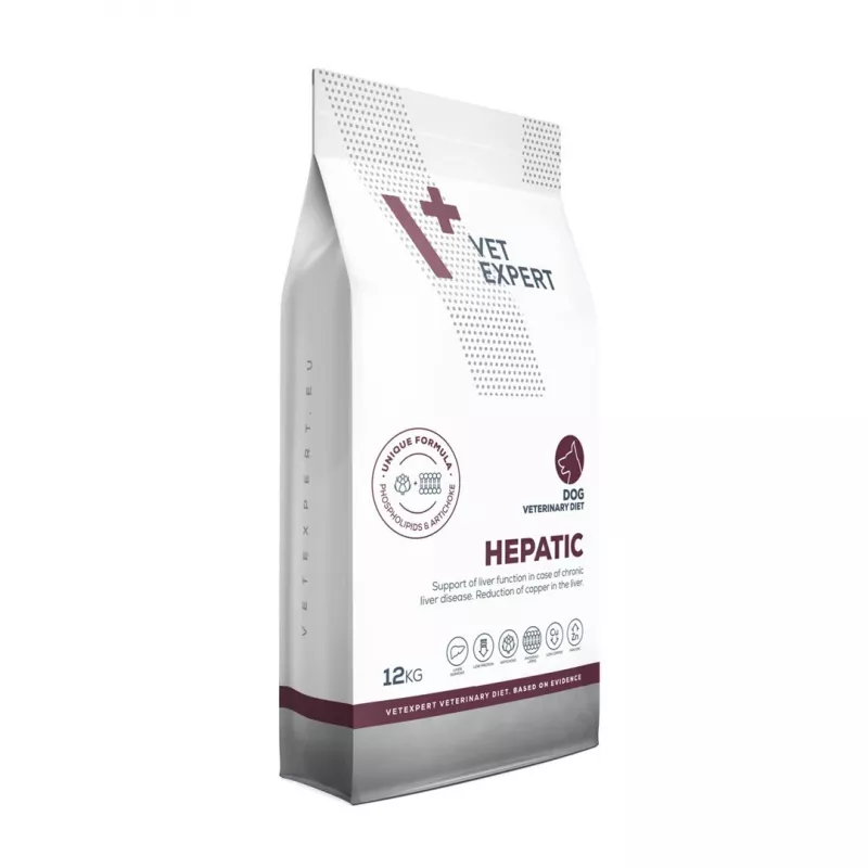 Sucha karma dla psów VETEXPERT Veterinary Diet Hepatic 12 kg — dietetyczne żywienie wspomagające wątrobę, smak mięsny, dla psów dorosłych 10–15,9 kg