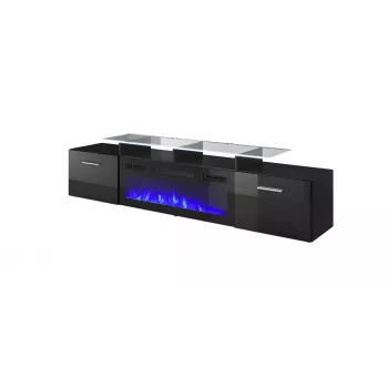 Szafka RTV Cama Meble ROVA z kominkiem elektrycznym, 190x37x48 cm, czarny/czarny połysk