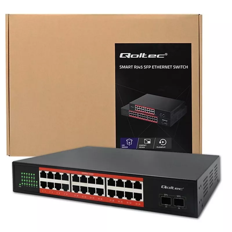 Przełącznik sieciowy QOLTEC Gigabit Ethernet PoE 24xRJ45 2xSFP