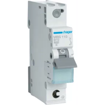 Hager MBS110. Prąd znamionowy: 10 A, Częstotliwość wejściowa AC: 50/60 Hz, Znamionowy prąd wyjściowy: 10 A. Typ: Typ B, Liczba modułów (maks.): 1 moduł(y). Szerokość: 17,5 mm, Głębokość: 70 mm, Wysokość