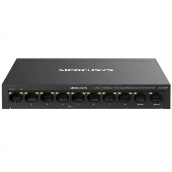 Przełącznik sieciowy MERCUSYS MS110CMP — 8-portowy PoE, 10 portów Gigabit RJ‑45, budżet PoE 115W, do montażu na biurku/ścianie, czarny