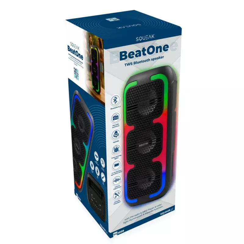Przenośny głośnik stereo SQUEAK SQ1009 — Bluetooth 5.3, 45 W RMS, 10h bateria, FM, USB, AUX, LED, 1800 mAh, czarny