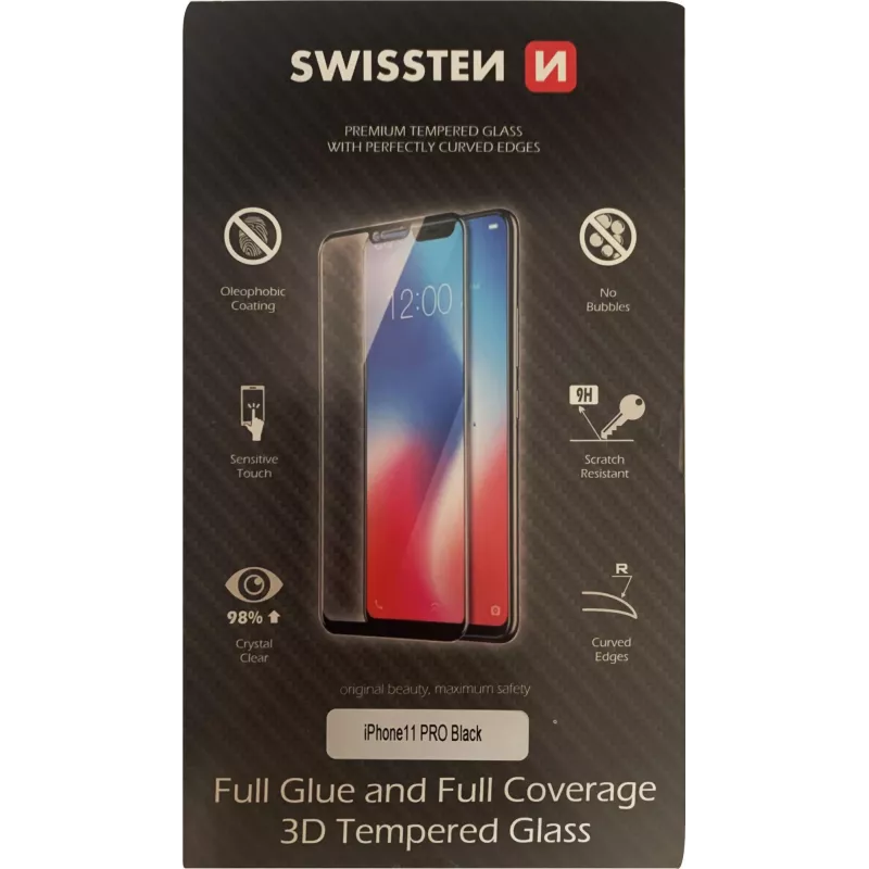 Hartowane szkło ochronne 3D full-glue SWISSTEN do iPhone 11 Pro — czarny