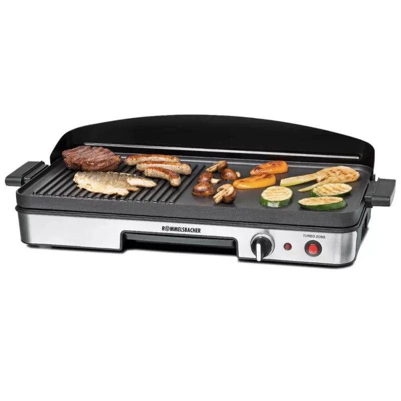 Elektryczny grill stołowy Rommelsbacher BBQ 2003 — 1900 W, 50×25 cm, ryflowana + Teppanyaki, regulowany termostat, srebrny/czarny