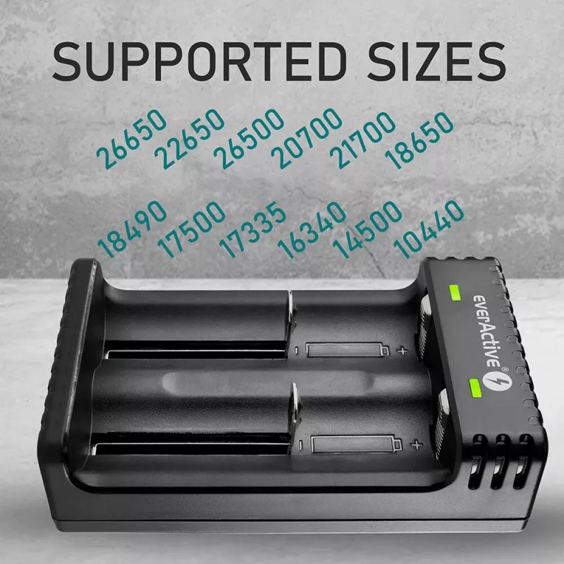 Ładowarka do akumulatorów everActive LC200 domowa USB, 2-kanałowa, Li-Ion, obsługuje A/AA/AAA/AAAA/C/D, wejście 5 V, wyjście 4,2 V, czarna