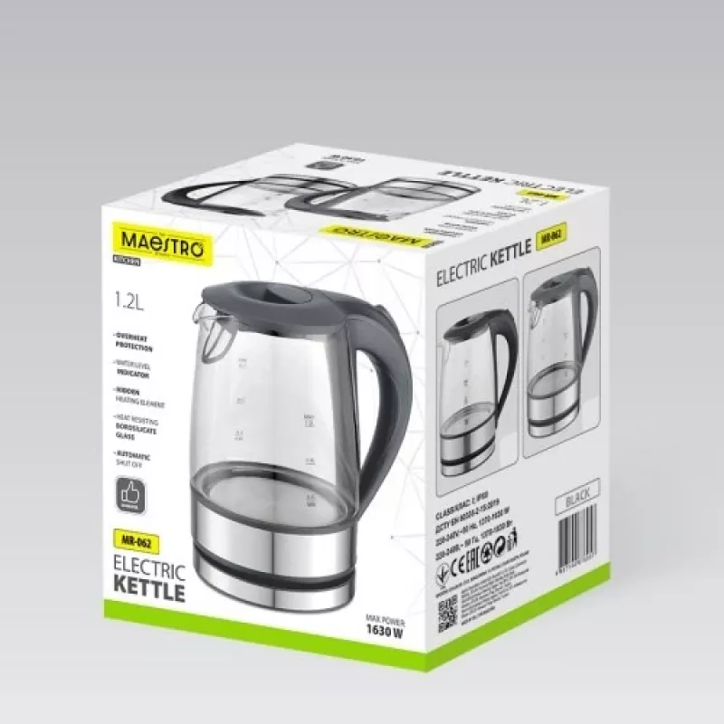 Maestro MR-062-BLACK Czajnik elektryczny szklany, 1630 W, 1,2 L