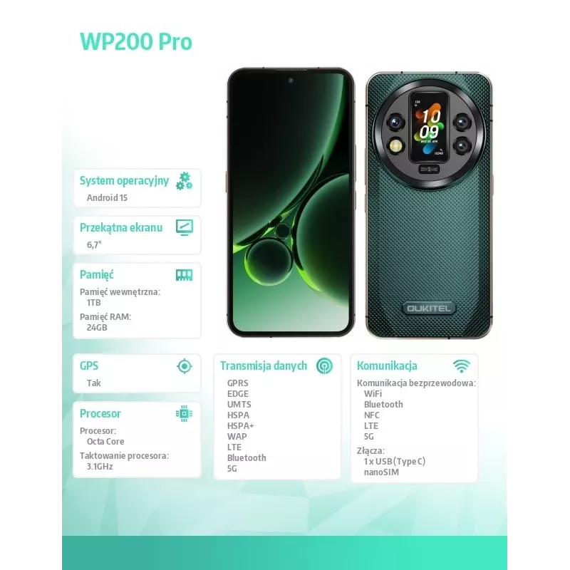 Smartphone Oukitel WP200 Pro 5G 6,7 cala 24 GB/1 TB Zielony