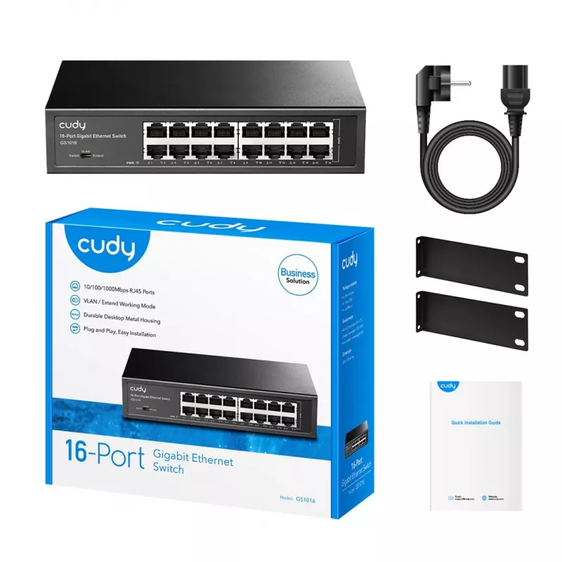 Przełącznik sieciowy Cudy GS1016 — 16-portowy Gigabit Ethernet (10/100/1000), przełączanie 32 Gbit/s, montaż w szafie rack, zasilanie AC