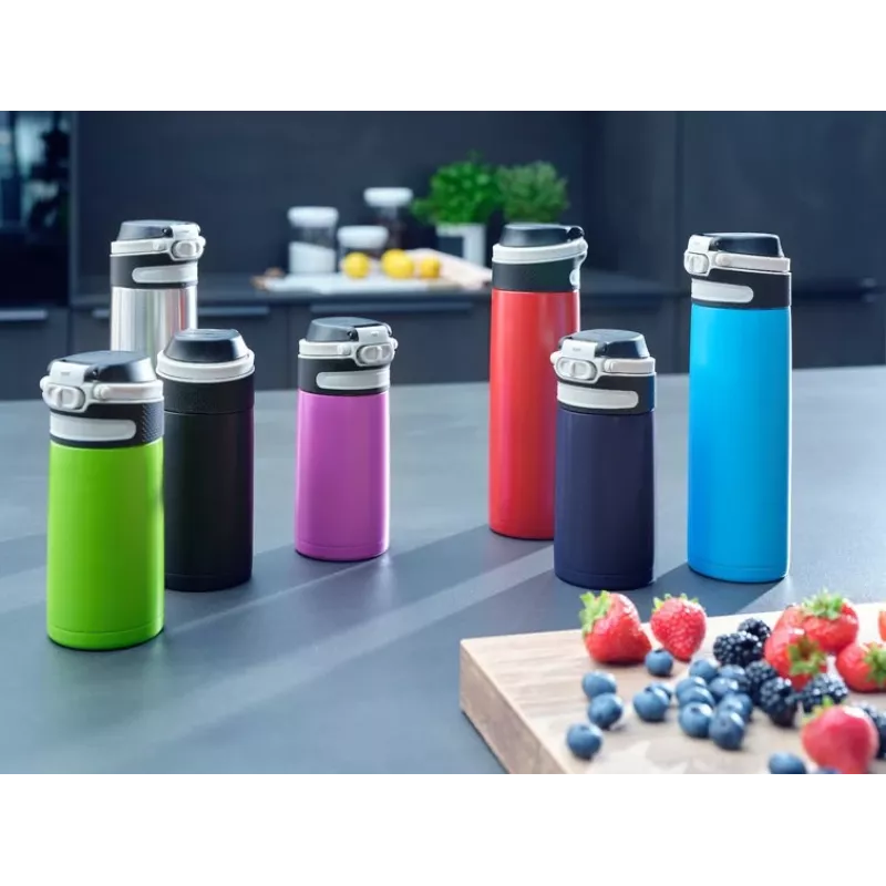 Kubek podróżny Leifheit 03245 stal nierdzewna 350 ml, dwuścienny, szczelny, pokrywa z odchylanym ustnikiem, czarno-czerwony