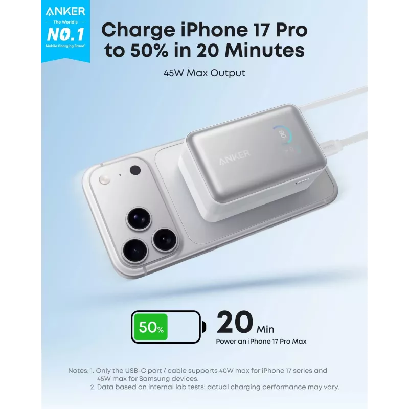 Power bank Anker A1638 10000 mAh, 45 W całkowitej mocy wyjściowej, biały, wbudowany wysuwany kabel USB-C