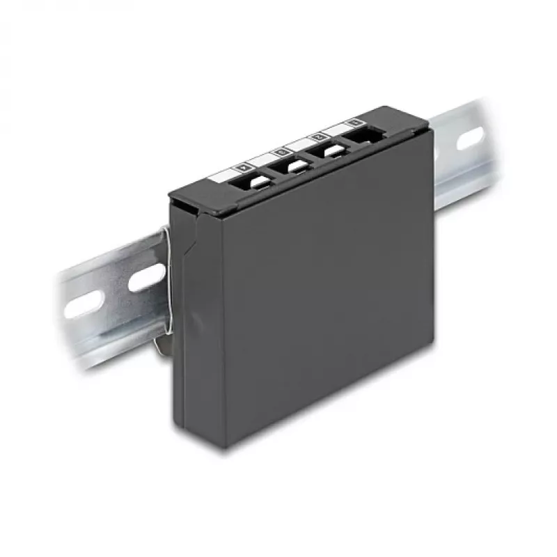Panel zaślepiający DELOCK 4-portowy na moduły Keystone RJ, czarny, metal – montaż na stole/ścianie/szynie DIN
