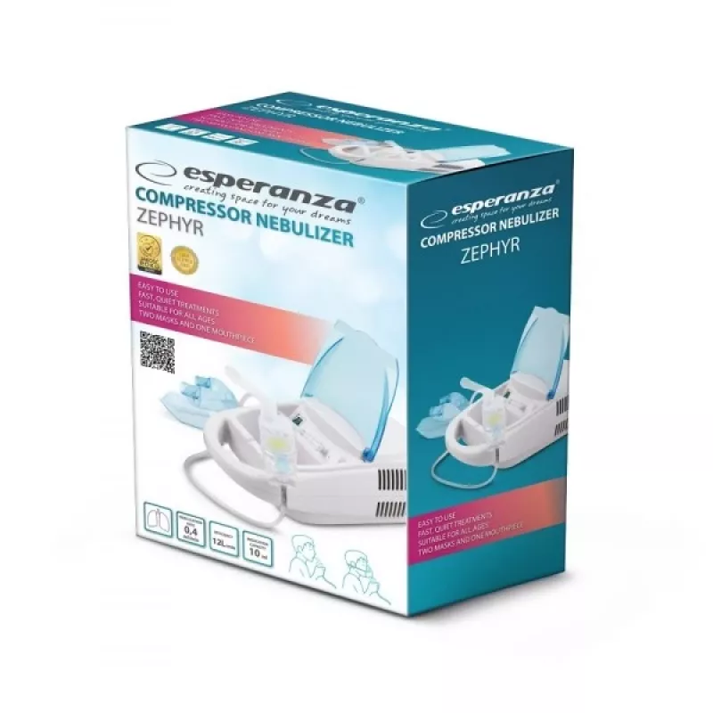 Nebulizator stołowy siateczkowy ESPERANZA ECN002 — nebulizacja 0,4 ml/min, pojemność 10 ml, maski dla dorosłego i dziecka, ustnik, 220 V