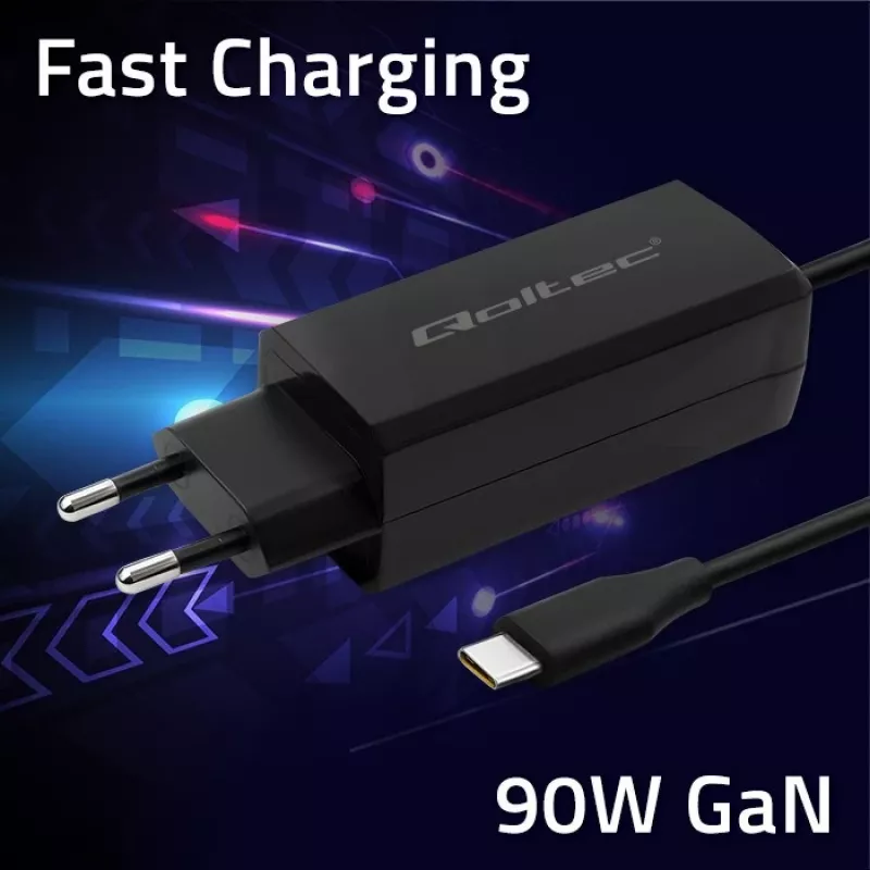 Ładowarka GaN 90W QOLTEC 52420 USB-C PD 5–20V 3A/4.5A wyjście, wejście 220–240V, kabel 1,8 m, czarna