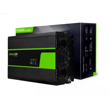 Przetwornica samochodowa zielony Cell INV22 — 1500 W, 12 V DC na 230 V AC, 50 Hz, LED, aktywne chłodzenie, czarna