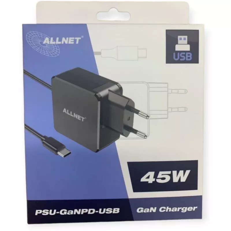 Zasilacz ALLNET PSU-GaNPD-USB-F1C-45W 45W ładowarka USB-C PD z kablem 2 m i wtyczką EU