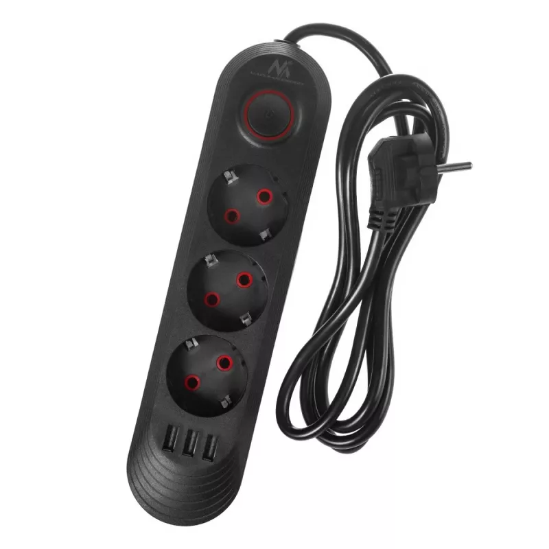 Listwa zasilająca MACLEAN MCE394 B — 3 gniazda + 3×USB A, 110–240 V, USB 2,1 A, 2500 W, kabel 1,5 m, czarna