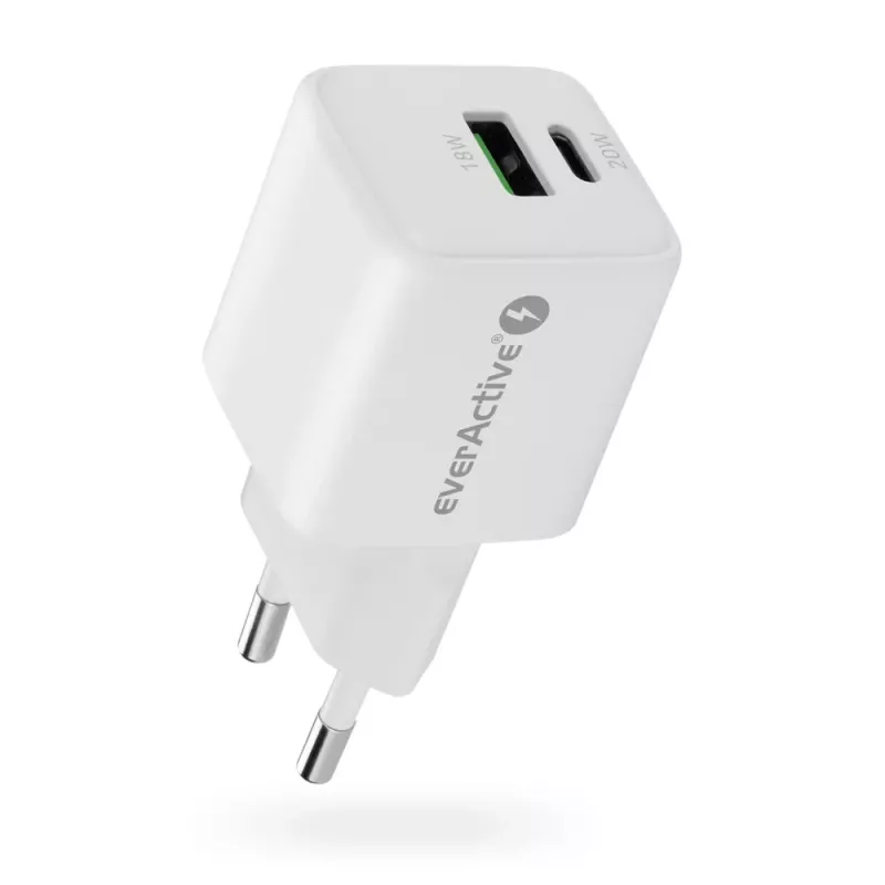 Ładowarka sieciowa everActive SC-330Q z 1x USB-A i 1x USB-C, 20W, biała