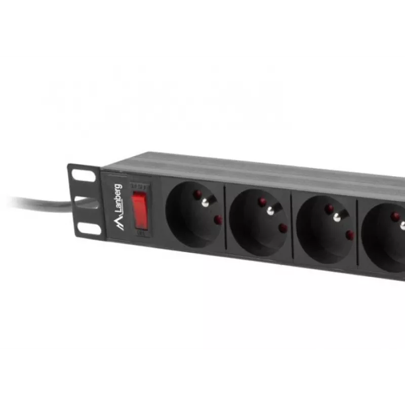 Jednostka dystrybucji zasilania LANBERG PDU-09E-0300-BK — 9x gniazd typu E, 16 A, 220–250 V, kabel 3 m, 1U, stojak 19 cali
