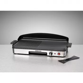 Elektryczny grill stołowy Rommelsbacher BBQ 2003 — 1900 W, 50×25 cm, ryflowana + Teppanyaki, regulowany termostat, srebrny/czarny
